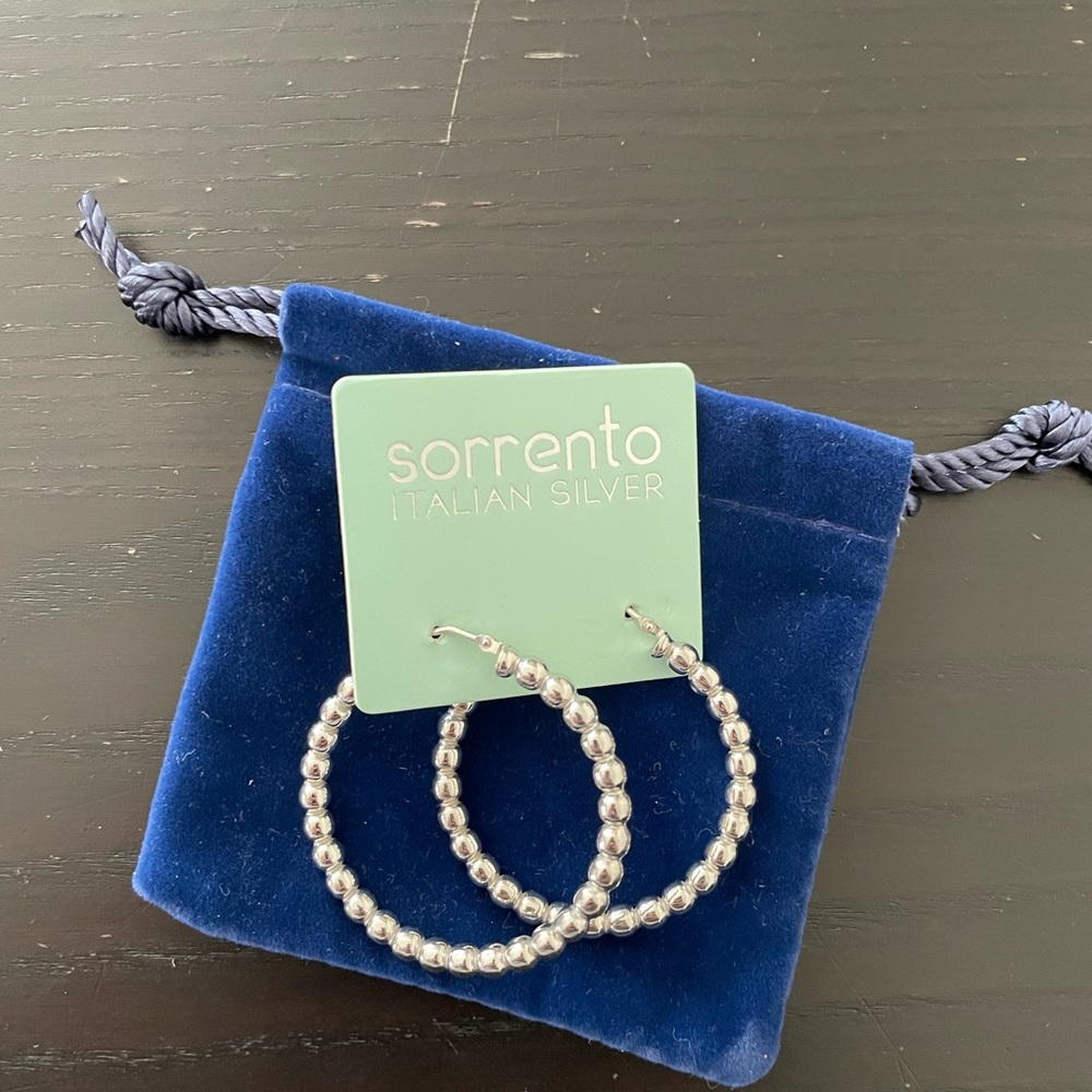 Italian Silver Beaded Hoop Earrings - Silver